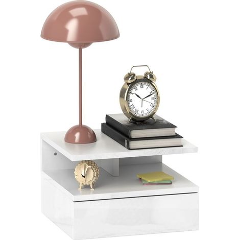 Table of bedside suspended with drawer and shelf open in wood, 35 x 32 x 22,5 cm, white (1/5)