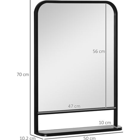 Miroir de décoration murale avec tablette, 70x50 cm, forme rectangulaire, finition noir mat, design contemporain et raffiné, idéal pour entrée ou séjour. (1/5)