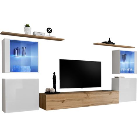 Composizione murale SWITCH XIV mobile TV sospeso quercia Wotan e bianco lucido con LED