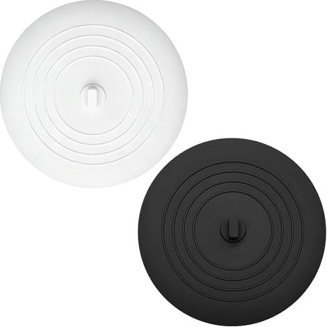 Bouchon de vidange universel en silicone souple pour baignoires et lavabos standards. Facile à nettoyer. Blanc et noir. (1/4)