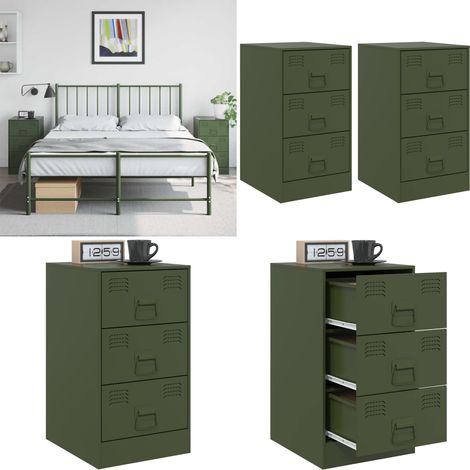 Tables de chevet 2 pcs vert olive 34,5x39x62 cm acier - Table De Chevet - Meuble De Chambre - Commode - Tiroir - Design Moderne - Home & Living (1/5)