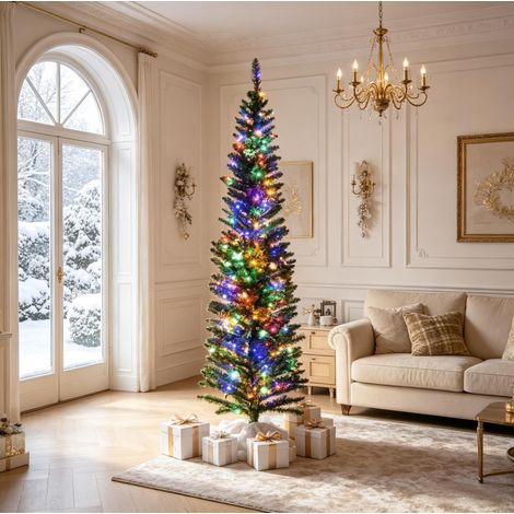Sapin de Noël artificiel étroit avec LED multicolores 180 cm 390 branches OKWISH (1/5)