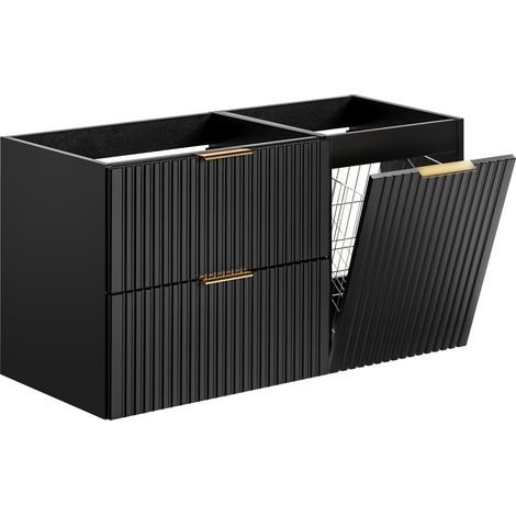 Furnidea - Meuble suspendu sous vasque avec panier à linge ADEL NOIR 100 cm - 2 tiroirs - Façades rainurées (1/5)