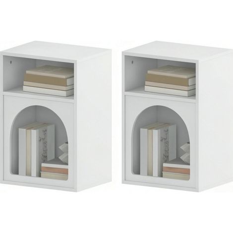 Lot de 2 tables de chevet 40x30x60 cm avec 2 niches ouvertes, MDF blanc, design arrondi pour chambre (1/5)