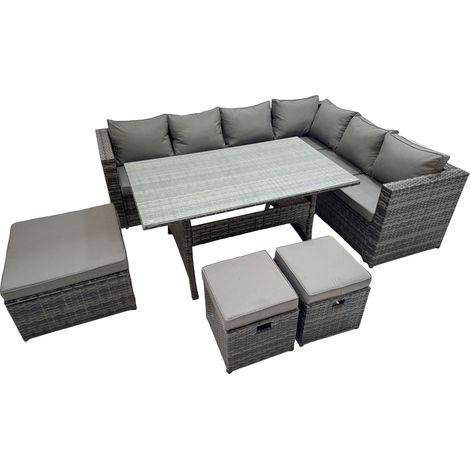 Fimous Rattan Garden Furniture Set Outdoor 9 Seater Patio Dining Corner Sofa Sets with Dining Table 3 Footstool Dark Grey Mixed (1/5)