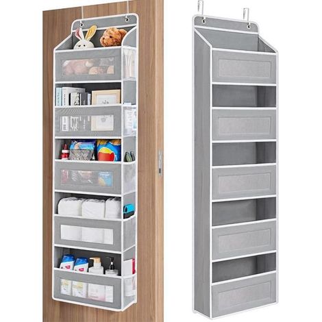 1 Organisateur suspendu, 5 étages, Poche de rangement, Maille, 38x16x150 cm, Pour chambre, salon, Gris (1/5)