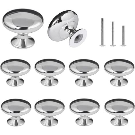 10 Poignées de Tiroir en Métal Chromé, Bouton de Meuble Rond en Forme de Champignon, Diamètre 30mm, Argenté, pour Cuisine, Armoire, Placard, Commode, Chambre et Salle de Bains (1/4)