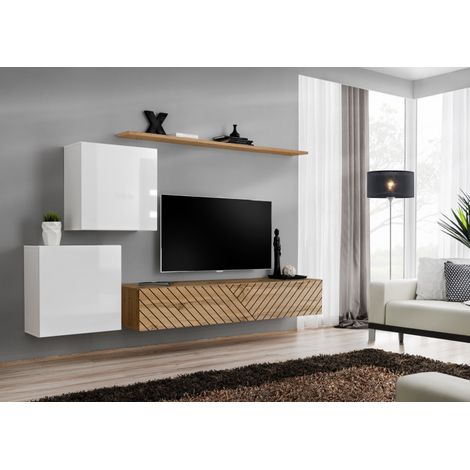 Ensemble de 4 meubles muraux "Switch V " pour TV en bois - Blanc et Beige - L 250 x H 150 x P 40 cm - Livraison gratuite