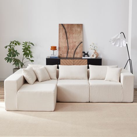 MODFU – Divano angolare modulabile a L in velluto a coste con seduta ampia, montaggio senza attrezzi, schiuma e molle per salone – Beige (1/5)
