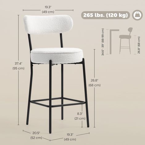 Ensemble de 2 tabourets de bar rembourrés blanc crème avec dossier et repose-pieds, style moderne, pour îlot de cuisine ou salle à manger. (1/5)