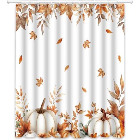 Bardusch-Rideau douche citrouilles automne aquarelle, branches dorées/feuilles, imperméable, lavable, crochets inclus (1/5)