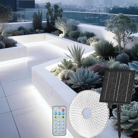 Solaire Ruban LED Exterieur, Flexible Bande LED Exterieure Autocollante avec Télécommande, Dimmable, 8 Mode, LED, Étanche, pour Garten, Jardins, Terrasse, Fête, Blanc Froid (1/4)