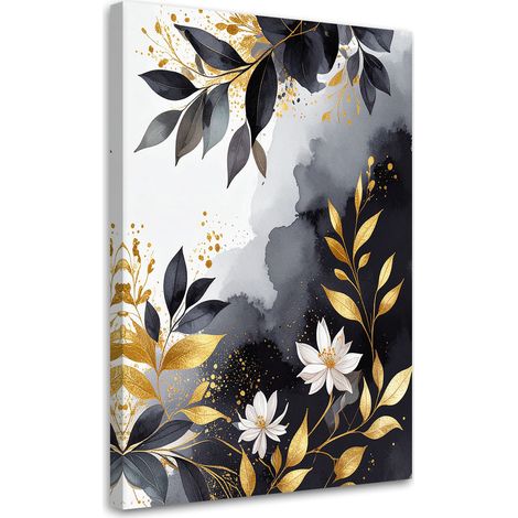 Impression sur Toile, Feuilles de plantes noires et dorées abstraction,40x60