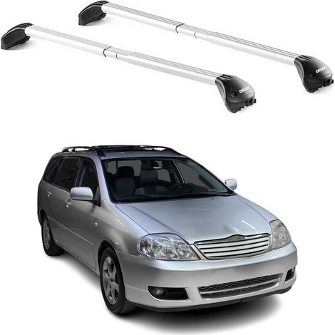 OMAC Barres de toit transversales certifiées TÜV pour Toyota Corolla Verso 2001-2007 – Verrouillables (4 antivols) – Charge max 100 kg – Sangle inox + protection caoutchouc Argent (1/4)