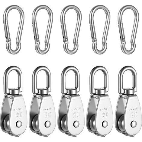 5 poleas de elevación simples M20, poleas para cuerdas, polea simple giratoria de 360° en acero inoxidable 304 con 5 ganchos de resorte M6, rodillos para cables de elevación, capacidad de carga de has (1/5)