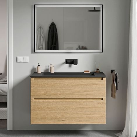 BERNSTEIN - Mobile lavabo sospeso MDF rovere miele, lavello Ghisa nero opaco senza foro rubinetto, cassetti girevoli - 100x46x62cm - VIREO	Rovere Miele Oro, Nero opaco senza foro per rubinetto