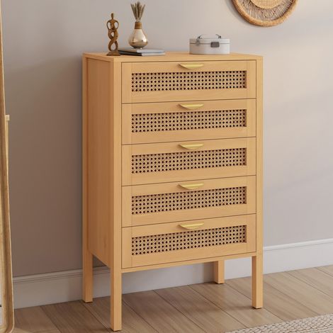 Cómoda EDHEN de 5 cajones, 60 cm, mimbre color madera