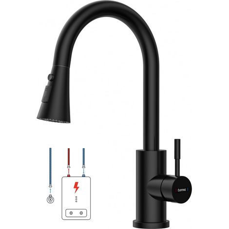 Robinet de cuisine basse pression extensible avec 3 types de jets, mitigeur en acier inoxydable avec 3 raccords, robinet rotatif à 360°, robinet d'évier basse pression pour chauffe-eau (1/5)