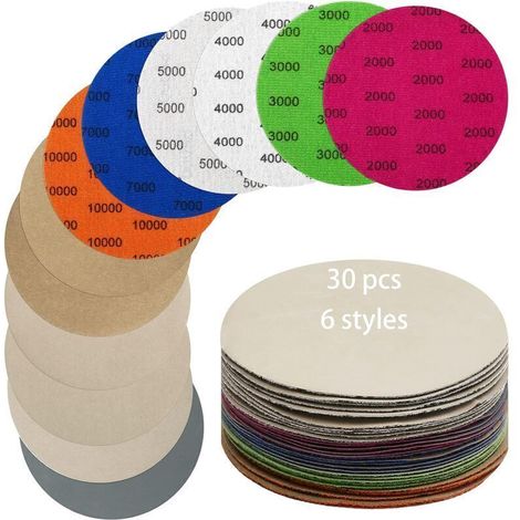 Lot de 30 Disques de Ponçage, Rond Papier de Verre 125 Mm Grain 2000/3000/4000/5000/7000/10000 Papier à Poncer Sec/Humide Utilisé (1/4)