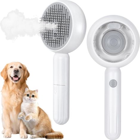 Brosse à Vapeur pour Chat Chiens 4 en 1 Autonettoyant Brosse, Peigne de Massage en Spray pour Poils Longs et Courts Chats Chiens Lapins, Blanc (1/5)