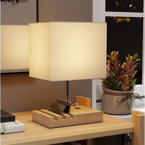 USB-Nachttischlampe aus Holz und Stoff, weiß, E27, mit Ablage OKMYHOME (1/5)