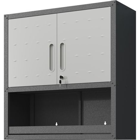 Armoire à outils murale métal 75x30x77 cm, porte verrouillable, étagère et tiroir - Idéale garage, bureau, grise, à monter (1/5)