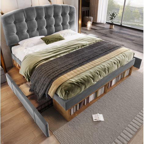 Bett mit Stauraum Samt Grau 140x190 cm, Polsterbett mit Lattenrost, höhenverstellbarem Kopfteil und Schubladen (1/5)