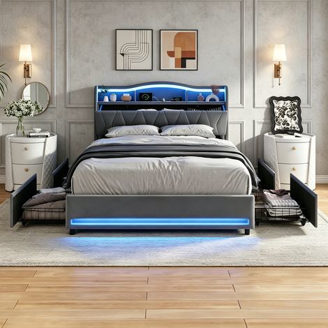 JOOKGBD-Lit coffre 160x200cm,lit double rembourré,LED,USB,4 tiroirs,étagères ouvertes,tête de lit capitonnée avec rangement,sommier à lattes inclus,velours,gris (1/5)