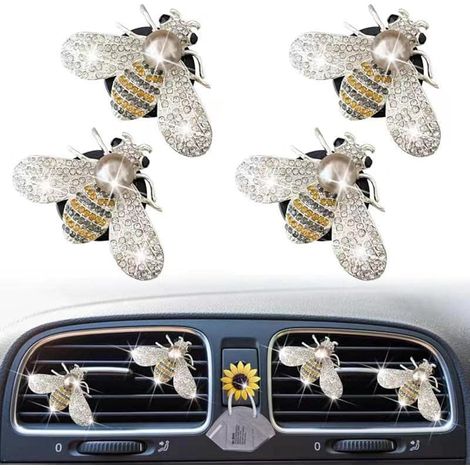 Lot de 4 clips pour grille d'aération de voiture en forme d'abeille avec strass pour décoration d'intérieur de voiture et crochet pour masque de tournesol (1/5)