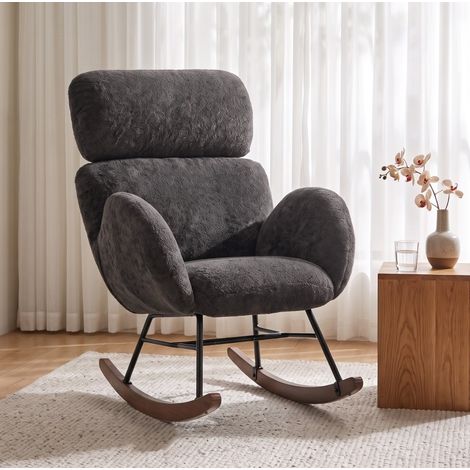 MODFU – Silla mecedora de terciopelo con reposacabezas regulable, acero y madera de hevea, carga 120 kg – Gris oscuro (1/5)