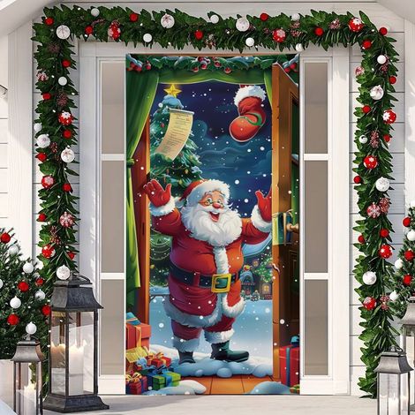 Décoration de porte Grinch vert, tissu d'ambiance, rideau de porte suspendu, bannière - 90 x 180 cm (œillets + ruban) - Style 15