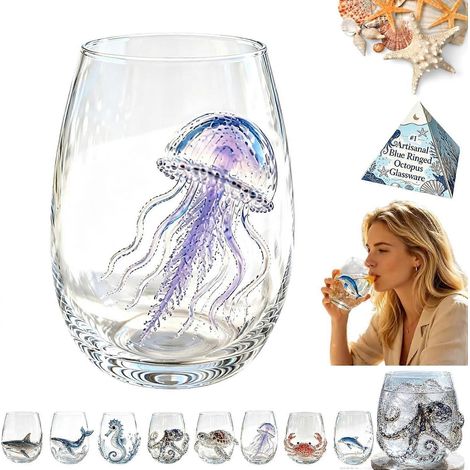 Verrerie artisanale pieuvre à anneaux bleus verre à vin 3D sans pied pieuvre verre de bar original méduse (1/5)
