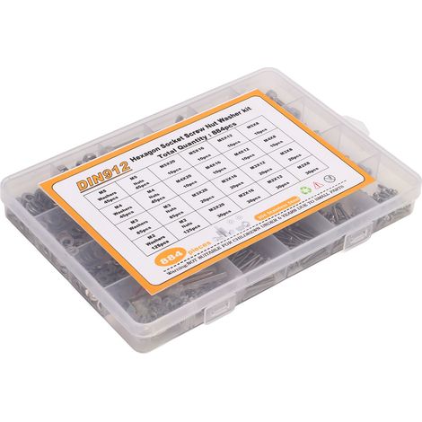 Assortiment de 884 vis, écrous et rondelles M2, M3, M4 et M5 à tête ronde et six pans creux, en acier inoxydable 304 (1/5)