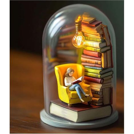 Veilleuse miniature pour amateurs de livres avec mini livres et lumière LED, mini figurine de lecture, petite statue de bibliothèque, cadeau pour la famille, les amis, les collègues (A) (1/5)