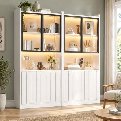 Vitrina doble con LED Bluetooth, 160 x 35 x 200 cm, vidrio templado, blanca OKMYHOME (1/5)
