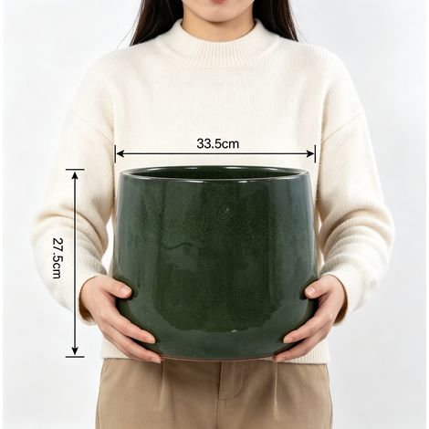 Set de 4 pots en céramique artisanale pour plantes (Ø 33/26/20/15 cm), vert foncé brillant à émail lustré uniforme, respirants, résistants au gel, avec trous de drainage pour jardin et balcon (1/5)