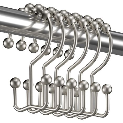 Anneaux De Rideau De Douche - Double Crochet Avec Roulettes Sphériques - Métal Antirouille Finition Nickel Mat - Pour Barre Et Rideau De Douche - Lot De 12 (1/5)