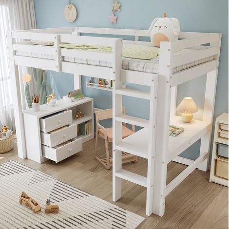 Cama alta infantil 90x200 cm blanca de pino y MDF con escritorio y almacenaje (1/5)