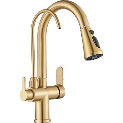Grifo de fregadero de cocina, doble manija, para encimera, color oro cepillado. (1/2)