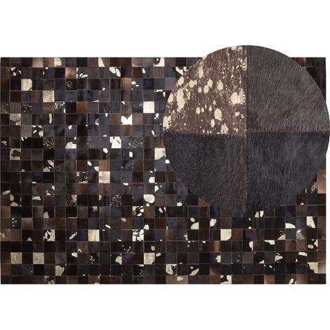 Alfombra de piel genuina de vaca marrón 160 x 230 cm múltiples cuadrados elaborada a mano Bandirma