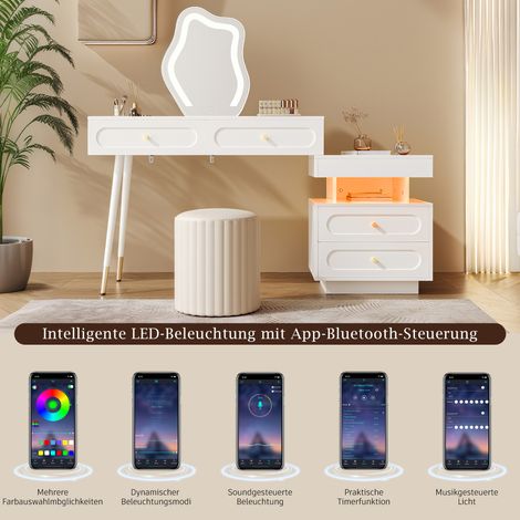 Coiffeuse blanche avec miroir LED et éclairage - Ensemble de coiffeuse pour chambre avec 4 tiroirs spacieux et 1 compartiment de rangement ouvert - Blanc, dimensions: B140/T40/H130 cm (sans tabouret) (1/5)