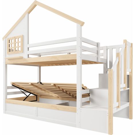 Lit superposé 90x200 cm avec rangement hydraulique, barrière de sécurité et maison décorative, blanc et bois clair – CHICFURN (1/5)