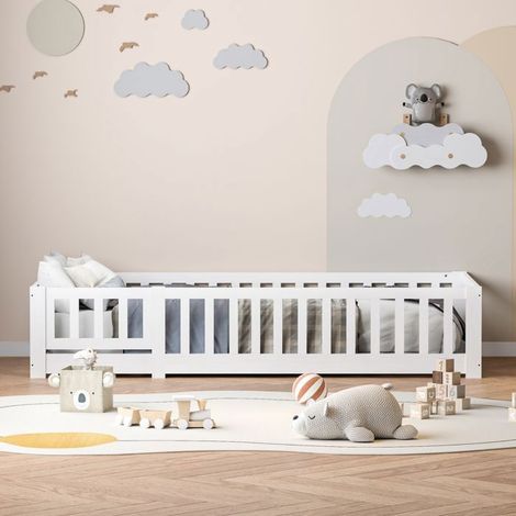 Bett Kinder 90x200 cm mit Lattenrost, Einzelbett, Kinderbett im Hausdesign mit Sicherheitsbarriere, Massivholz, 1 Platz, Weiß