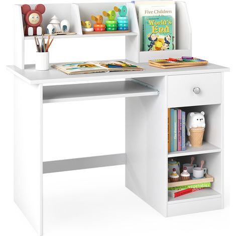 COSTWAY Kids Study Desk Wooden Writing Table with Keyboard Tray & Drawer-White