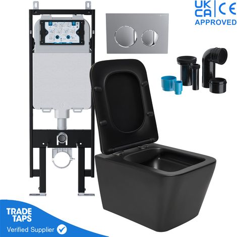Square Black Wall Hung Toilet Pan with VIVA Slim Concealed Cistern Frame 1.14-1.35m & Chrome flush Plate (1/5)