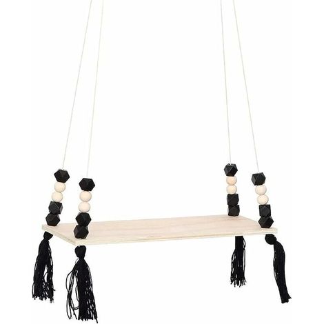 Étagère en Bois Suspendue, Corde à Suspendre en Bois, Étagère de Balançoire, Triangle Ajustable Flottantes en Corde Balançoire avec Pompon pour Plante, Bougies, Chambre, Fenêtre, Jardin (Noir) (1/5)