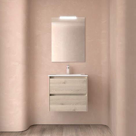 Badezimmermöbel NOJA 600 2 Schubladen NATURAL + Waschtisch + Spiegel