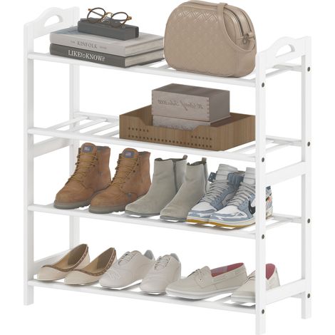 Étagère à chaussures en bambou pour 12 paires de chaussures, idéale pour l'entrée, le couloir ou la chambre. Dimensions : 67,5 x 24,7 x 72 cm, blanche. (1/5)