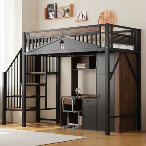 Hochbett 90x200 cm Schwarz aus Metall und Holz mit Sicherheitsleiter, Fenster-Geländer und Stauraum (1/5)