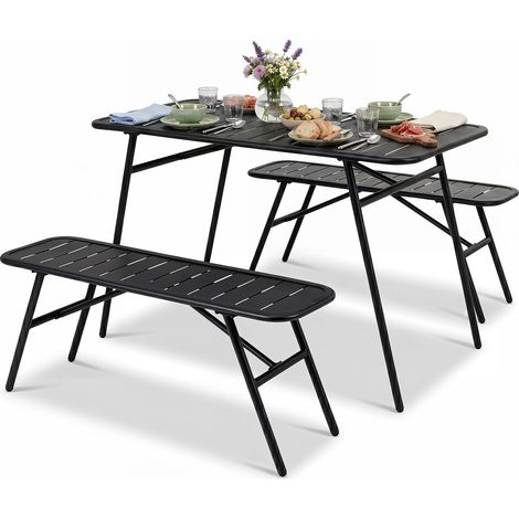 Salon Extérieur avec Table & 2 Bancs, Design à Lattes, Patins Réglables, Mobilier de Jardin 4 Personnes pour Balcon, Patio, Terrasse, Charge 150 kg (1/5)